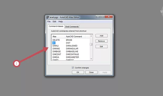 Екранна снимка към: Как през "Express Tools" > "Command Aliases" да задам за командата "DIM" кратък клавиш "D"