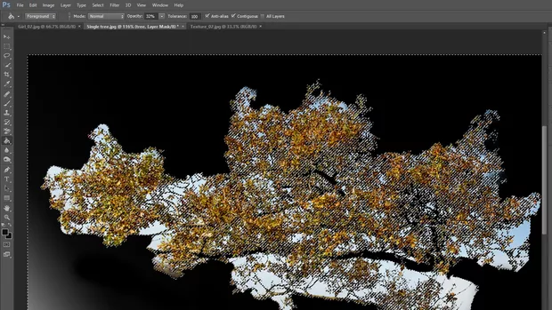 Екранна снимка към: Как правите това със запълването на селекцията с черен цвят след color range (за дървото). Избирам маската, натискам Paint Bucket tool но не иска?