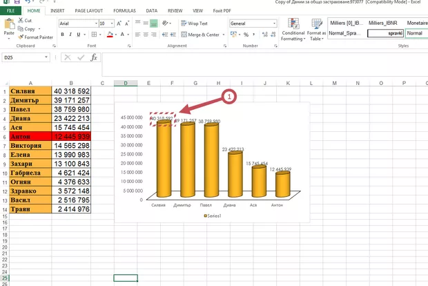 Екранна снимка към: Как да въведа процент над всеки стълб?<br>
