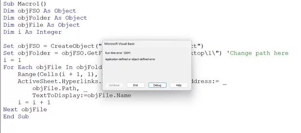 Екранна снимка към: Как да направя VBA макрос за ексел за хиперлинк на файлове от дадена папка