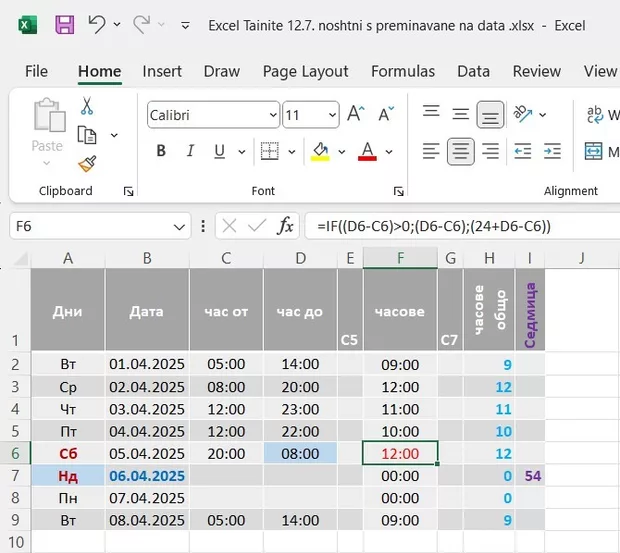 Екранна снимка към: Как се изчисляват отработени часове ако началото и края са в различни дати.