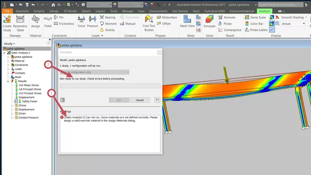 Екранна снимка към: Защо програмата регистрира грешка и не разрешава симулация,след като смених материала?Inventor 2017.