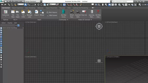 Екранна снимка към: Здрав.ейте,при стартиране на 3dsmax версия 2016 интерфейса ми излиза като на снимката.Как мога да го променя и да изкарам полето в дясно с create панела както е в интерфейса на уроците.