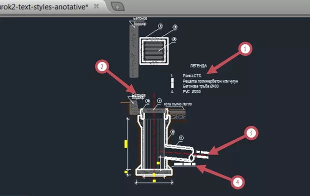 Екранна снимка към: Защо текстовете в чертежа посочени със стрелките 2 и 3 на чертежа при М 1:25 не реагират/ не се променят/ правилно.При мащаб 1:15 се променят правилно всички ткстове.