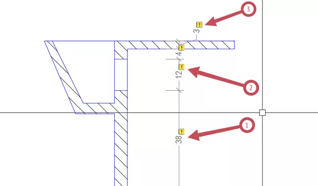 Екранна снимка към: Защо се получава така, че оразмерителните линии има възклицателен знак до тях?