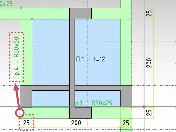 Екранна снимка към: Защо греда различна от 25см широчина, в случая 50см, се визуализира като 25см.
