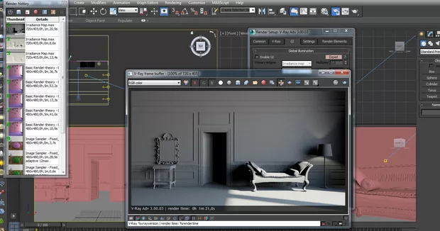 Екранна снимка към: Защо първият тестов рендер NO GI се получава много по-осветен отколкото показания в урока, при условие че са използвани същите настройки? Благодаря!