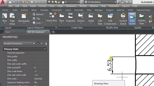 Екранна снимка към: Защо при детайлният разрезразмера на отвора ми е 6.53?Разделителната линия съм я центровал по отвора на главният изглед.AutoCad 2018.