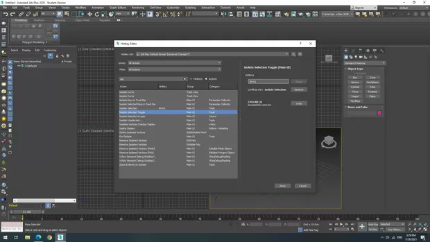 Екранна снимка към: Как да сложа една и съща клавишна команда за Isolate Selection и Isolate Selection Toggle при 2020г версия