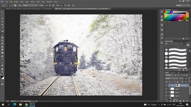 Екранна снимка към: Здравейте! Как да си оправя цветовете на дърветата в далечината? Тъй като не успях с една селекция на Color Range, за да се доближа до търсения ефект използвах няколко слоя.&nbsp;