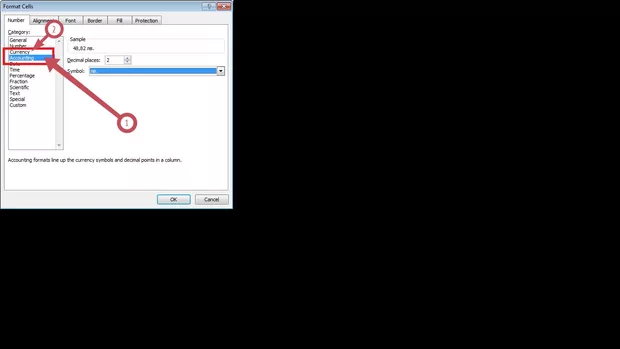 Екранна снимка към: Каква е разликата между Currency и Accounting в менюто Format Cells?