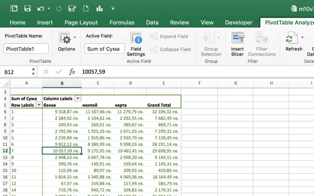 Екранна снимка към: Как да избера Pivot chart на Excel for Mac?