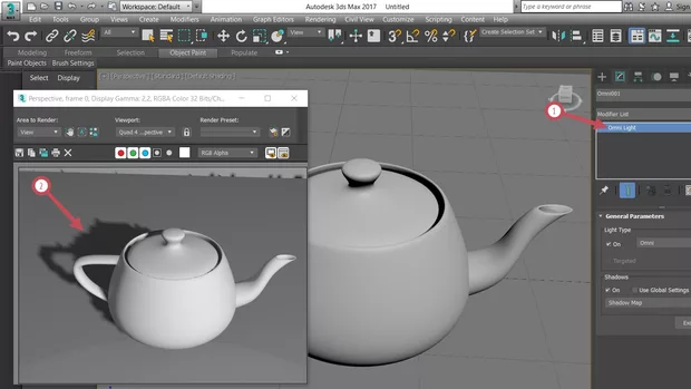 Екранна снимка към: Защо при прилагане на "omni" светлина,сянката на чайника се получава назъбена?