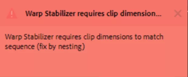 Екранна снимка към: Защо не ми позволява да активирам Warp Stabilizer върху избран от мен клип?