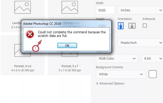 Екранна снимка към: Защо при създаване на нов файл се появява съобщението "Could not complete the command because the scratch disks are full?