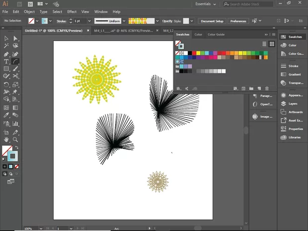 Екранна снимка към: Защо когато създам нов документ,в Swatches липсват патърните от свалените фаилове от упражненията?