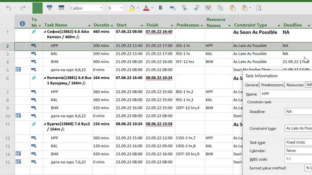 Екранна снимка към: Може ли някои да помогне, че не се сещам в кои урок е обяснено полето: Constraint Type: (ASAP, ALAP, ...., MSO, MFO)