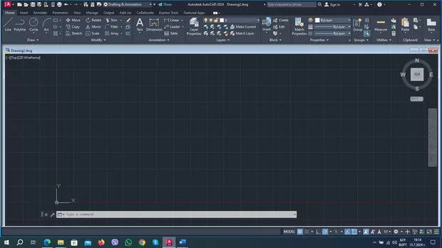 Екранна снимка към: Как а си върна бутоните за лейаутите долу, при координатната система в отворения празен лист на AutoCad 2024?