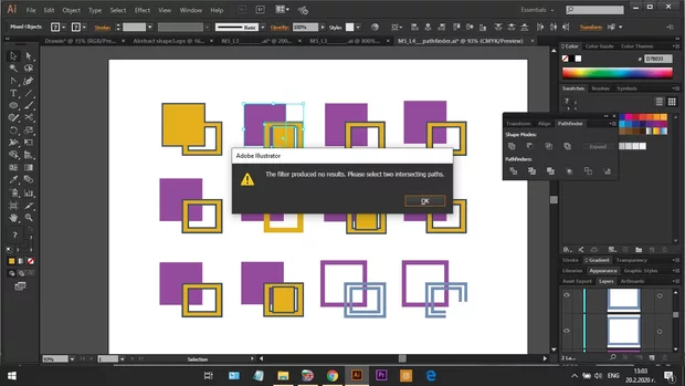 Екранна снимка към: Защо получавам следния резултат, когато задам командата Minus Front в Pathfinder?