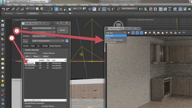 Екранна снимка към: Защо когато си набелязвам рендер елементите има един диноизер след като го избера при започване на рендера в фрейм буфера не го виждам, сякаш все едно не съм го избрал?