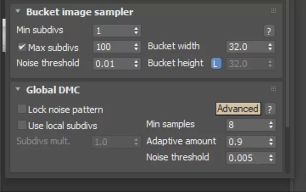 Екранна снимка към: Каква е разликата между Noise threshold в настройките на Bucket Image sampler и&nbsp;Noise threshold в настройките на Global DMC?