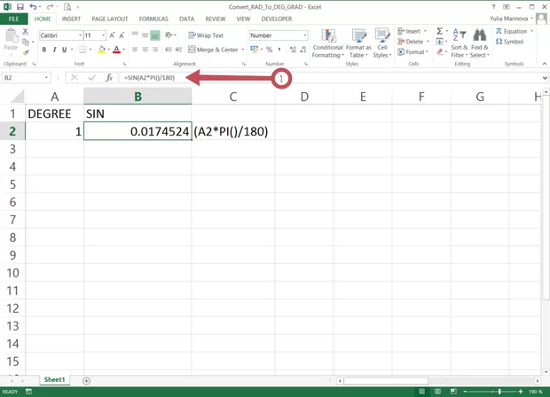 Екранна снимка към: Смятане на тригонометрични функции в Excel