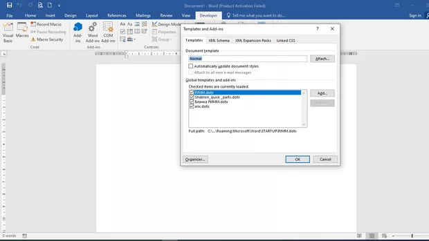 Екранна снимка към: Защо не са налични шаблоните, при положение, че се намират в Start up папката? Word 2016