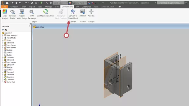 Екранна снимка към: Как да си отворя бутон covert to weldment?Липсва стрелка за друга опция, само convert to sheet metal?