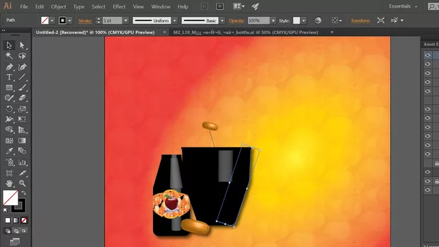 Екранна снимка към: Когато копирам бутилката и се опитвам да я завъртя, самата й форма се променя, както и мястото на етикета