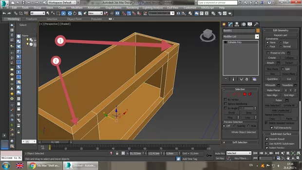 Екранна снимка към: Защо когато конвертирам бокс и изрежа отвор чрез инструмента slice plane и след това приложа могификатора shel по краищата на изрязаната част се получава изкривяване?