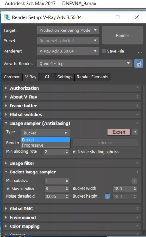Екранна снимка към: Защо на Antialiasing &nbsp;имам само две опции за избор в тази версия на Vray?&nbsp;