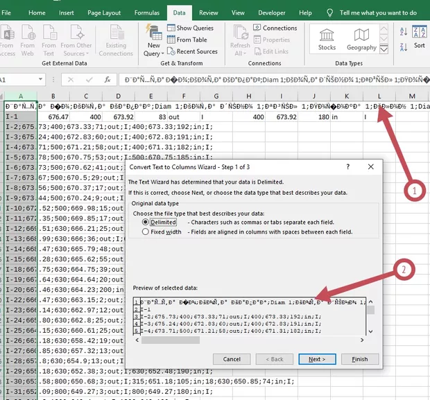 Екранна снимка към: Здравейте,когато превръщам текста в колони,текста ми е във вид на йероглифи,но числата са ок.Нямам опция да сменя езика в прозореца който се отваря.