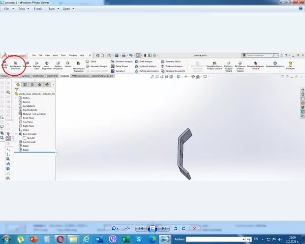 Екранна снимка към: Как да намеря иконата"Interference Detection" в SolidWorks 2018? Моят е без тази икона .&nbsp; Прилагам снимка 1 на SW без тази икона и снимка 2 с тази икона.