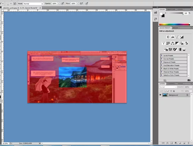 Екранна снимка към: Защо при селекция и натискане на quick mask не ми селектира областта, ами всичко извън нея?