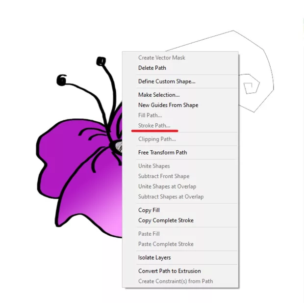 Екранна снимка към: Защо Stroke path при мен не е активно?