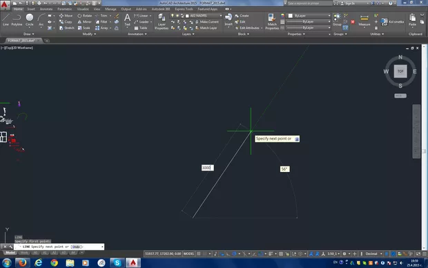 Екранна снимка към: Чертане на линия под определен ъгъл с определен размер.