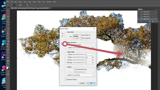 Екранна снимка към: Защо при Refine mask, където минавам с четката става замъглено?   