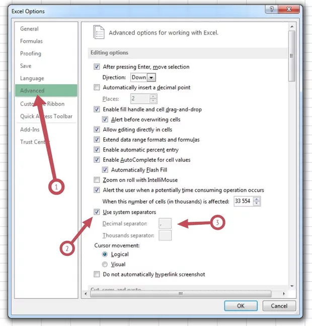 Екранна снимка към: Как да сменим символа за десетична запетая в Excel