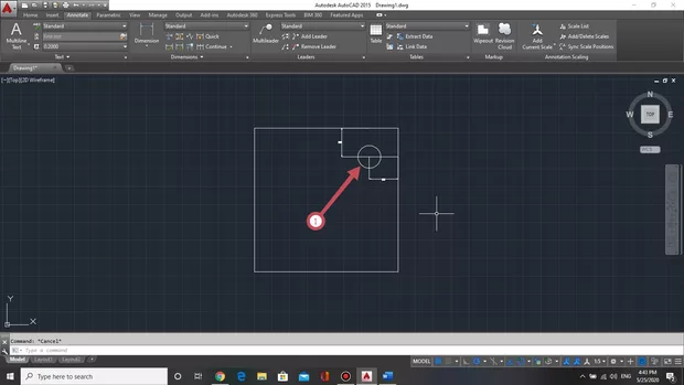 Екранна снимка към: Как мога да начертая тази окръжност без да чертая помощни линий.Центъра на кръга трябва да тръгва от 100/100мм. от стените.