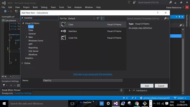 Екранна снимка към: Работя с Visual Studio 2015 &nbsp;и не знам как да добавя клас Formula01 към Calculations, изпращам принтскрийн от опциите на подменю Code и General