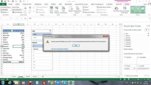 Екранна снимка към: Защо пивот таблицата не може да ми се отвори?