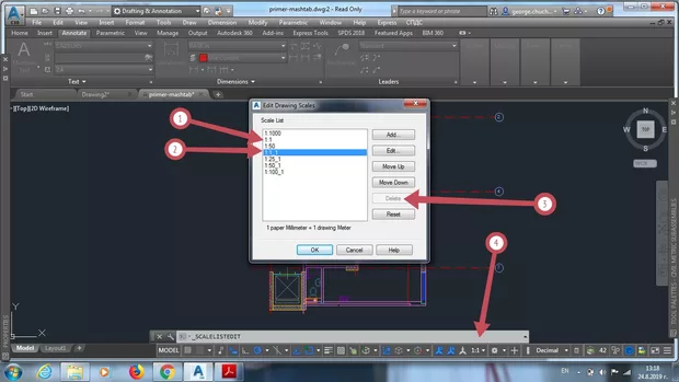 Екранна снимка към: Защо не мога да изтрия зададените от AutoCAD мащаби?