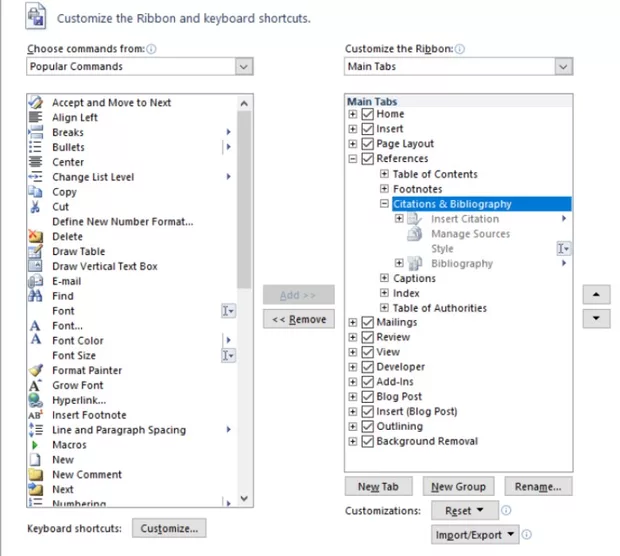 Екранна снимка към: Как мога да активирам функцията на MS Word "Цитиране и библиография"?