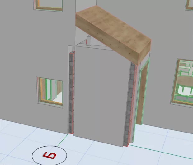 Екранна снимка към: Защо след като задам командата Trim elements to roof се виждат колоните в стените при входа?