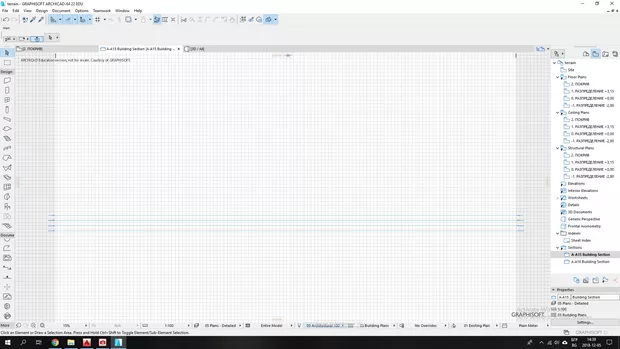 Екранна снимка към: Каква може да е причината съществуващ разрез, който се вижда в Project map, да е празен в View map? Пробвах да сменя комбинацията от слоеве, но нищо не се появява. Версията на която работя, е Archicad22.