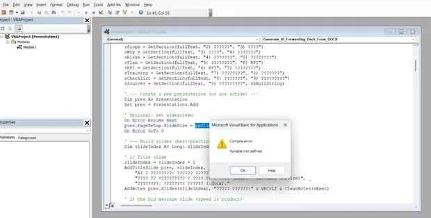 Екранна снимка към: Проблем с генерирането на презентацията.