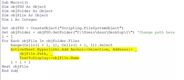 Екранна снимка към:  Как да направя VBA макрос за ексел за хиперлинк на файлове от дадена папка